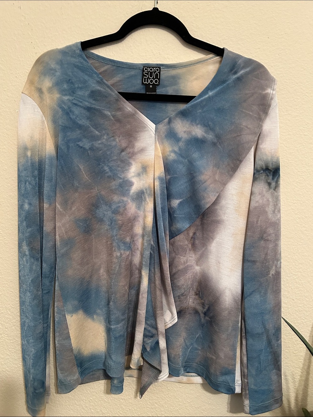 Clara Sun Woo Blue Gray Tie-Dye V-Neck Long Sleeve Top